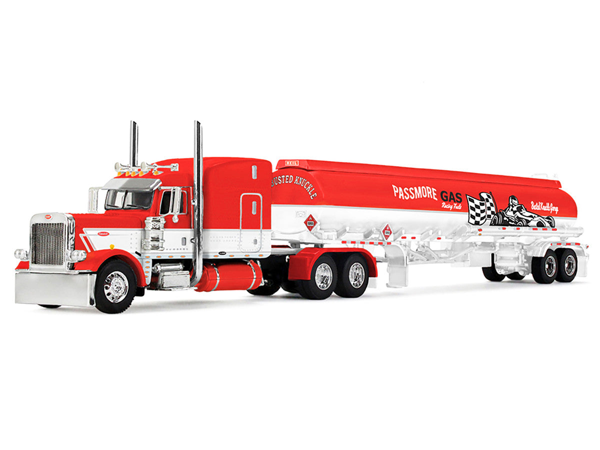 Peterbilt 389 with 63" Mid-Roof Sleeper and Heil Fuel Tank Trailer "Busted Knuckle Garage" Red and White 1/64 Diecast Model by DCP/First Gear-0