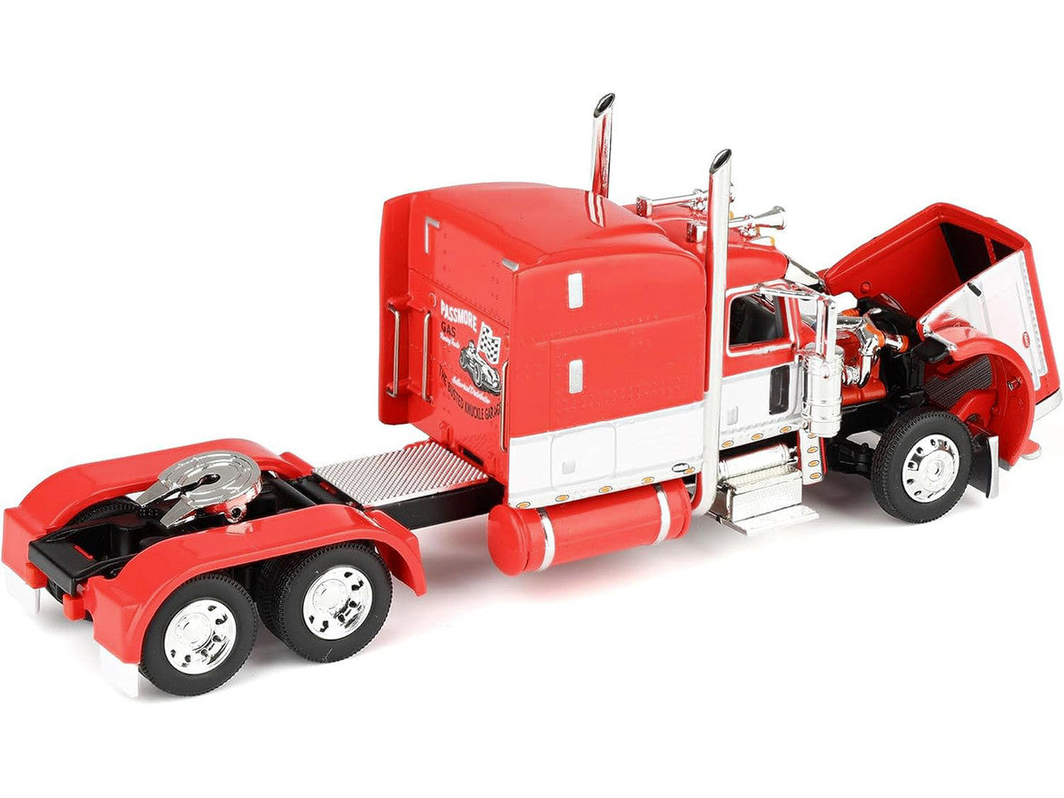 Peterbilt 389 with 63" Mid-Roof Sleeper and Heil Fuel Tank Trailer "Busted Knuckle Garage" Red and White 1/64 Diecast Model by DCP/First Gear-3
