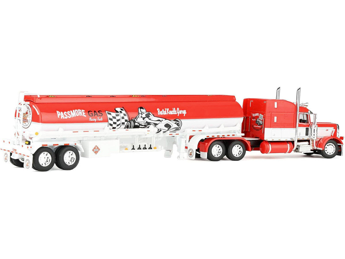 Peterbilt 389 with 63" Mid-Roof Sleeper and Heil Fuel Tank Trailer "Busted Knuckle Garage" Red and White 1/64 Diecast Model by DCP/First Gear-2