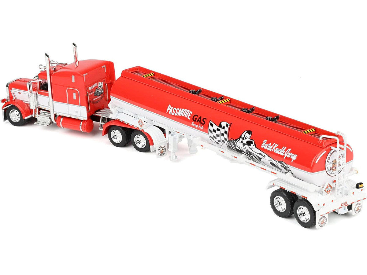 Peterbilt 389 with 63" Mid-Roof Sleeper and Heil Fuel Tank Trailer "Busted Knuckle Garage" Red and White 1/64 Diecast Model by DCP/First Gear-1