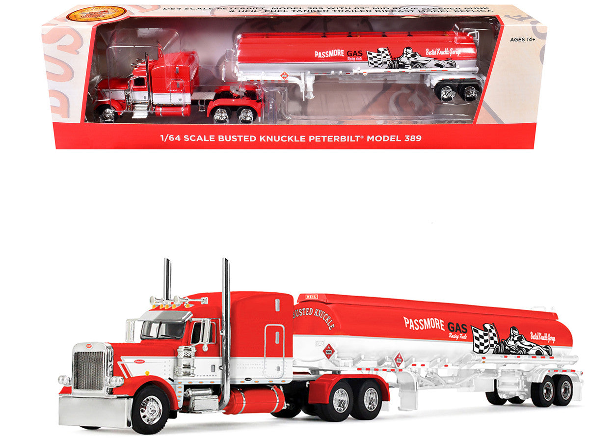 Peterbilt 389 with 63" Mid-Roof Sleeper and Heil Fuel Tank Trailer "Busted Knuckle Garage" Red and White 1/64 Diecast Model by DCP/First Gear-4