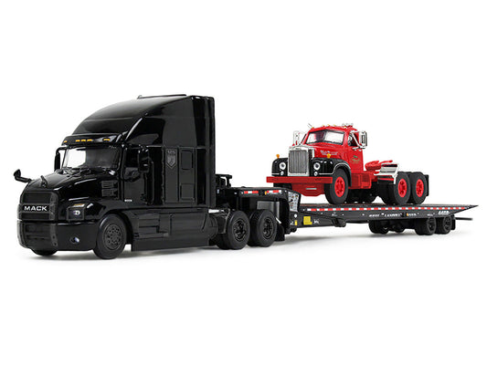 Mack Anthem Sleeper and Landoll 440B-50CA Traveling Axle Trailer Black with Mack B-61 Day Cab Load Red "Mack Anniversary" 1/64 Diecast Model by DCP/First Gear First Gear