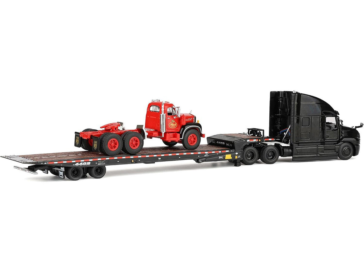 Mack Anthem Sleeper and Landoll 440B-50CA Traveling Axle Trailer Black with Mack B-61 Day Cab Load Red "Mack Anniversary" 1/64 Diecast Model by DCP/First Gear First Gear
