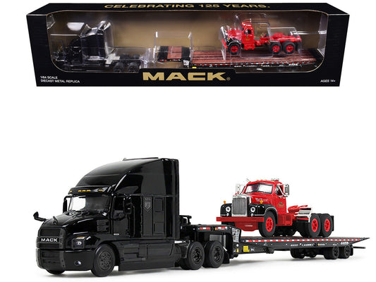 Mack Anthem Sleeper and Landoll 440B-50CA Traveling Axle Trailer Black with Mack B-61 Day Cab Load Red "Mack Anniversary" 1/64 Diecast Model by DCP/First Gear First Gear