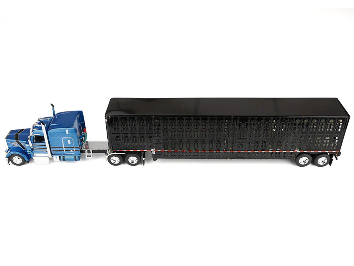 Peterbilt 589 with 72" Mid-Roof Sleeper and Wilson Silverstar Livestock Trailer Bright Blue with Black Stripes and Trailer 1/64 Diecast Model by DCP/First Gear First Gear