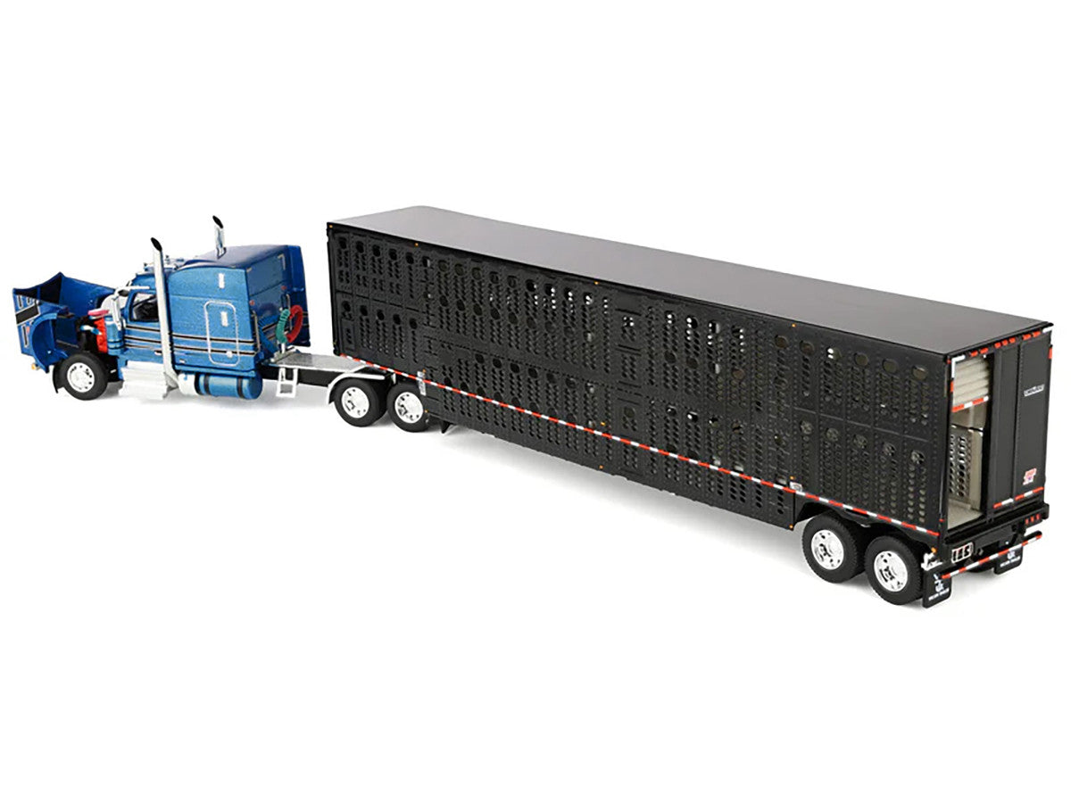 Peterbilt 589 with 72" Mid-Roof Sleeper and Wilson Silverstar Livestock Trailer Bright Blue with Black Stripes and Trailer 1/64 Diecast Model by DCP/First Gear First Gear