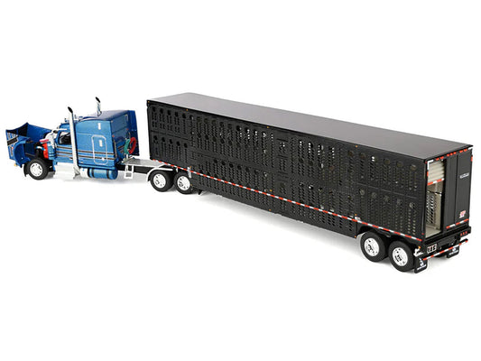 Peterbilt 589 with 72" Mid-Roof Sleeper and Wilson Silverstar Livestock Trailer Bright Blue with Black Stripes and Trailer 1/64 Diecast Model by DCP/First Gear First Gear