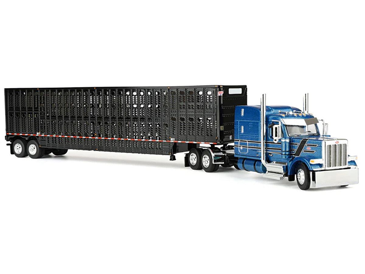 Peterbilt 589 with 72" Mid-Roof Sleeper and Wilson Silverstar Livestock Trailer Bright Blue with Black Stripes and Trailer 1/64 Diecast Model by DCP/First Gear First Gear