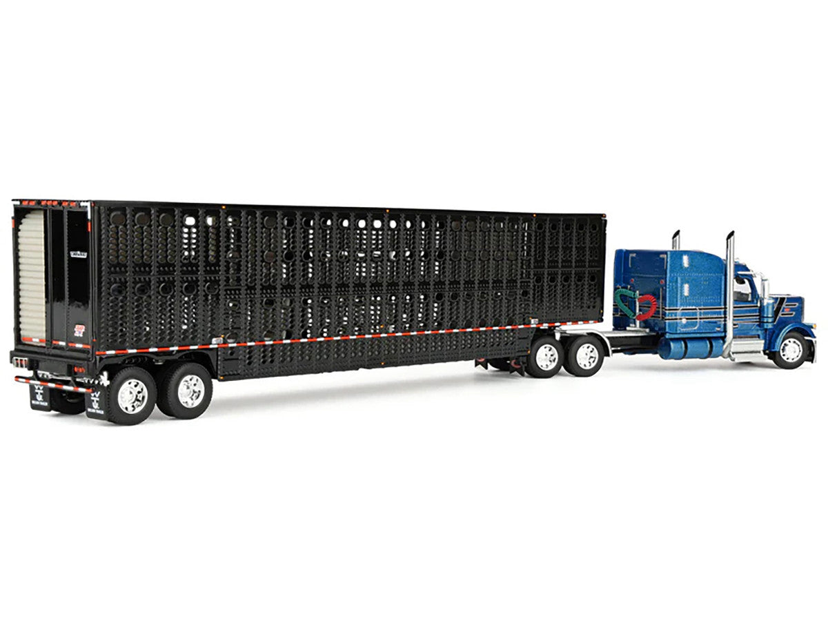 Peterbilt 589 with 72" Mid-Roof Sleeper and Wilson Silverstar Livestock Trailer Bright Blue with Black Stripes and Trailer 1/64 Diecast Model by DCP/First Gear First Gear