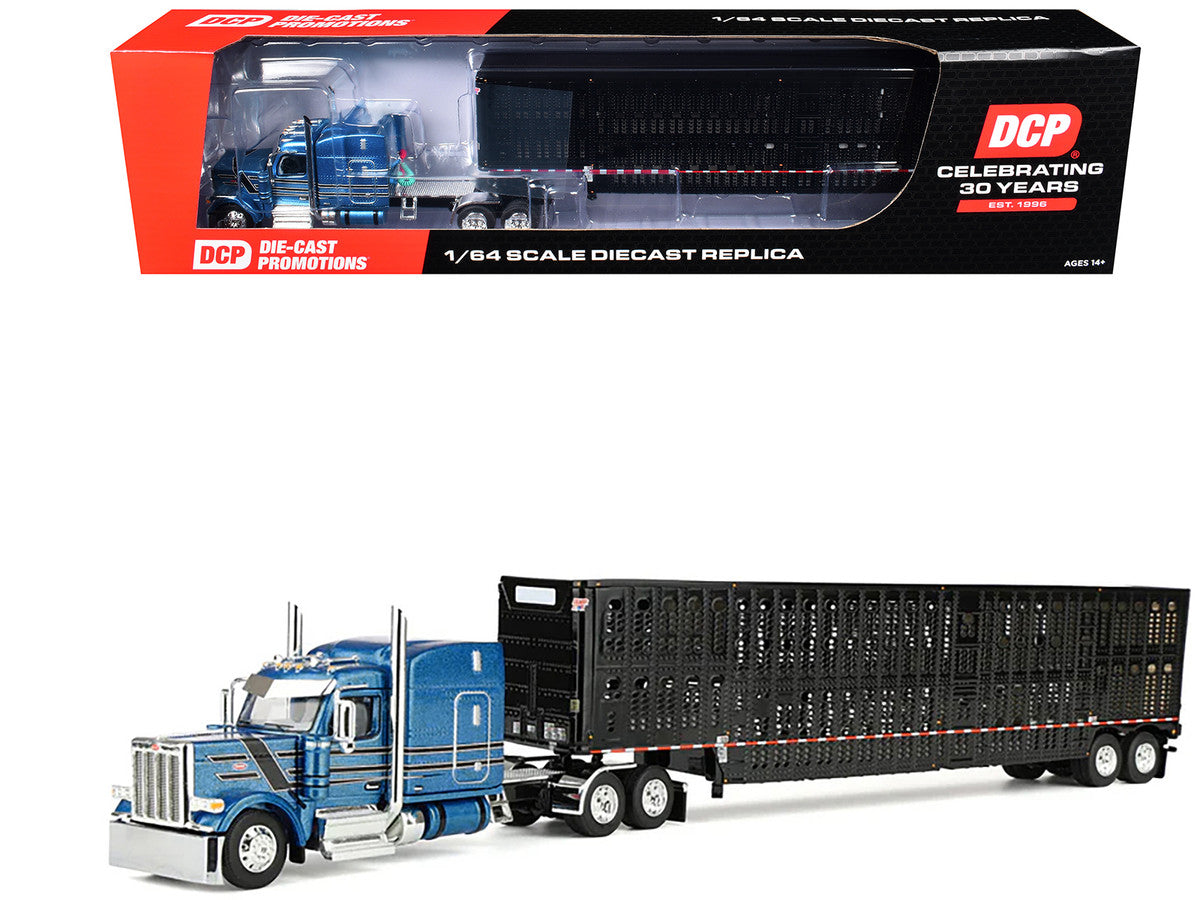 Peterbilt 589 with 72" Mid-Roof Sleeper and Wilson Silverstar Livestock Trailer Bright Blue with Black Stripes and Trailer 1/64 Diecast Model by DCP/First Gear First Gear
