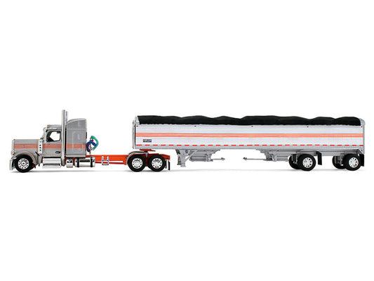 Peterbilt 589 with 58" Mid-Roof Sleeper and 50' Wilson Pacesetter Grain Trailer Silver Metallic with Orange Stripes 1/64 Diecast Model by DCP/First Gear First Gear