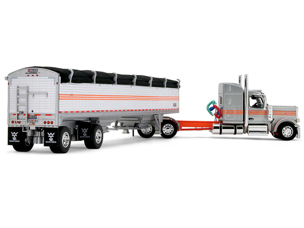 Peterbilt 589 with 58" Mid-Roof Sleeper and 50' Wilson Pacesetter Grain Trailer Silver Metallic with Orange Stripes 1/64 Diecast Model by DCP/First Gear First Gear