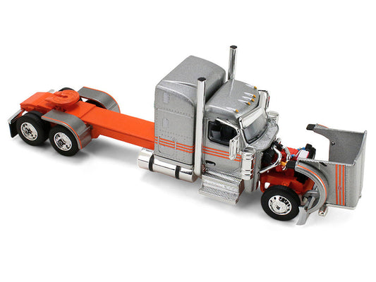Peterbilt 589 with 58" Mid-Roof Sleeper and 50' Wilson Pacesetter Grain Trailer Silver Metallic with Orange Stripes 1/64 Diecast Model by DCP/First Gear First Gear