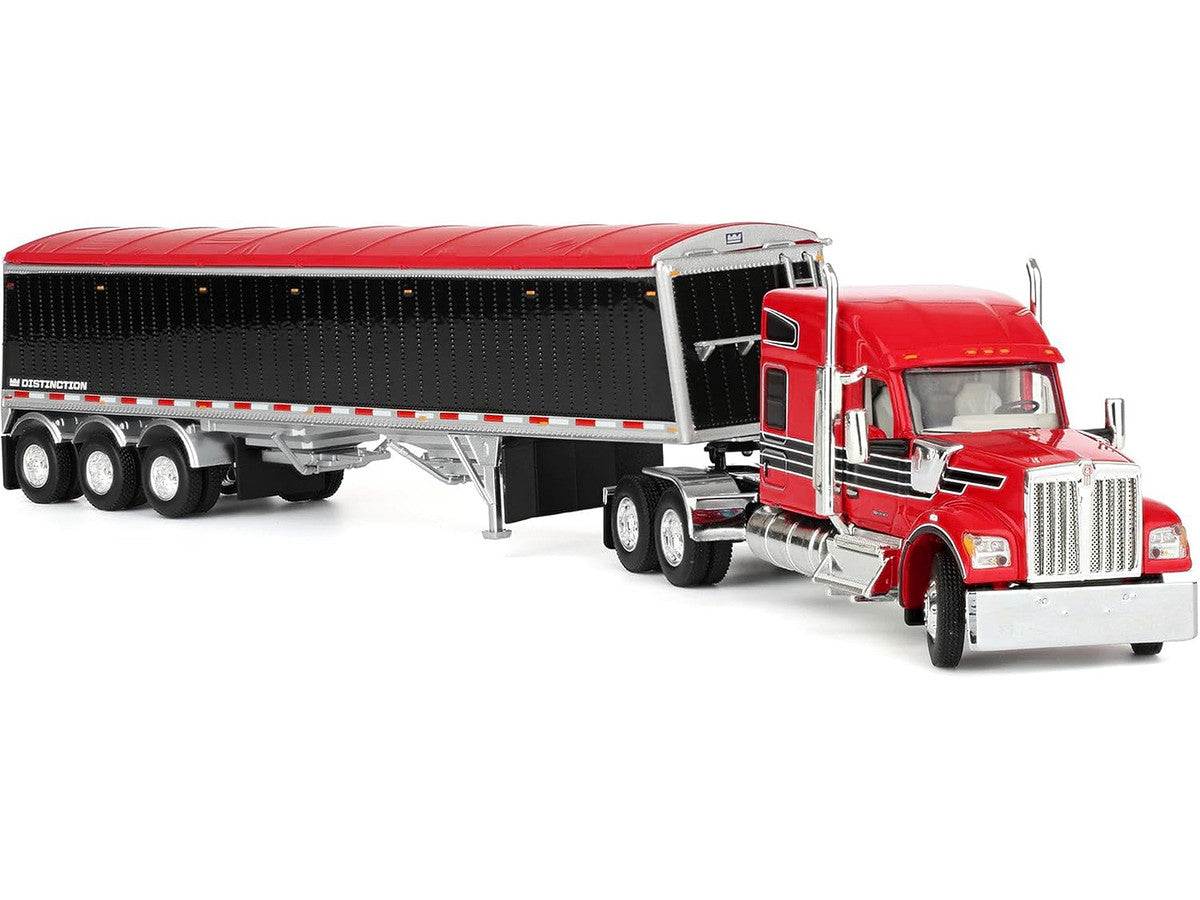 Kenworth W990 with 76" Mid-Roof Sleeper and Lode King Distinction Hopper Trailer Red and Black 1/64 Diecast Model by DCP/First Gear First Gear