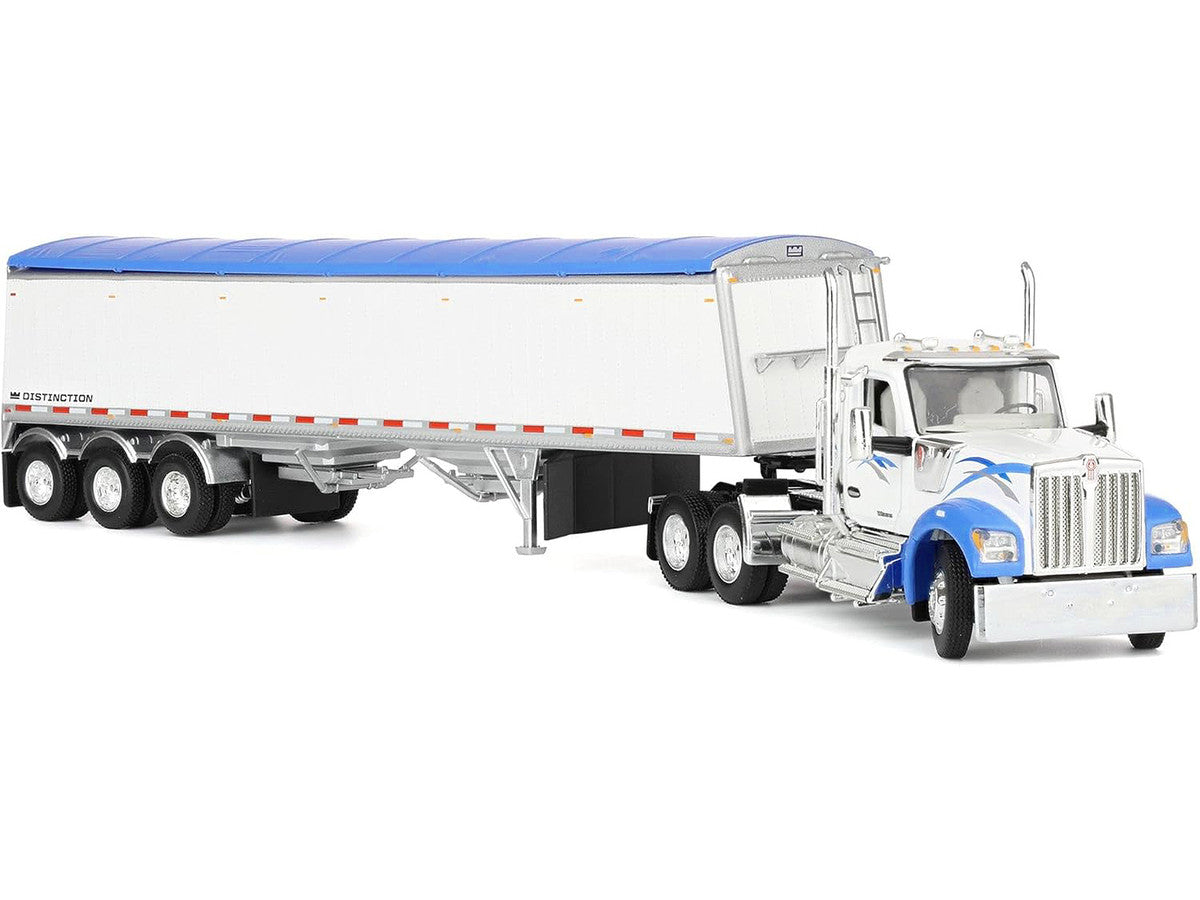 Kenworth W990 Day Cab and Lode King Distinction Hopper Trailer White and Blue 1/64 Diecast Model by DCP/First Gear First Gear