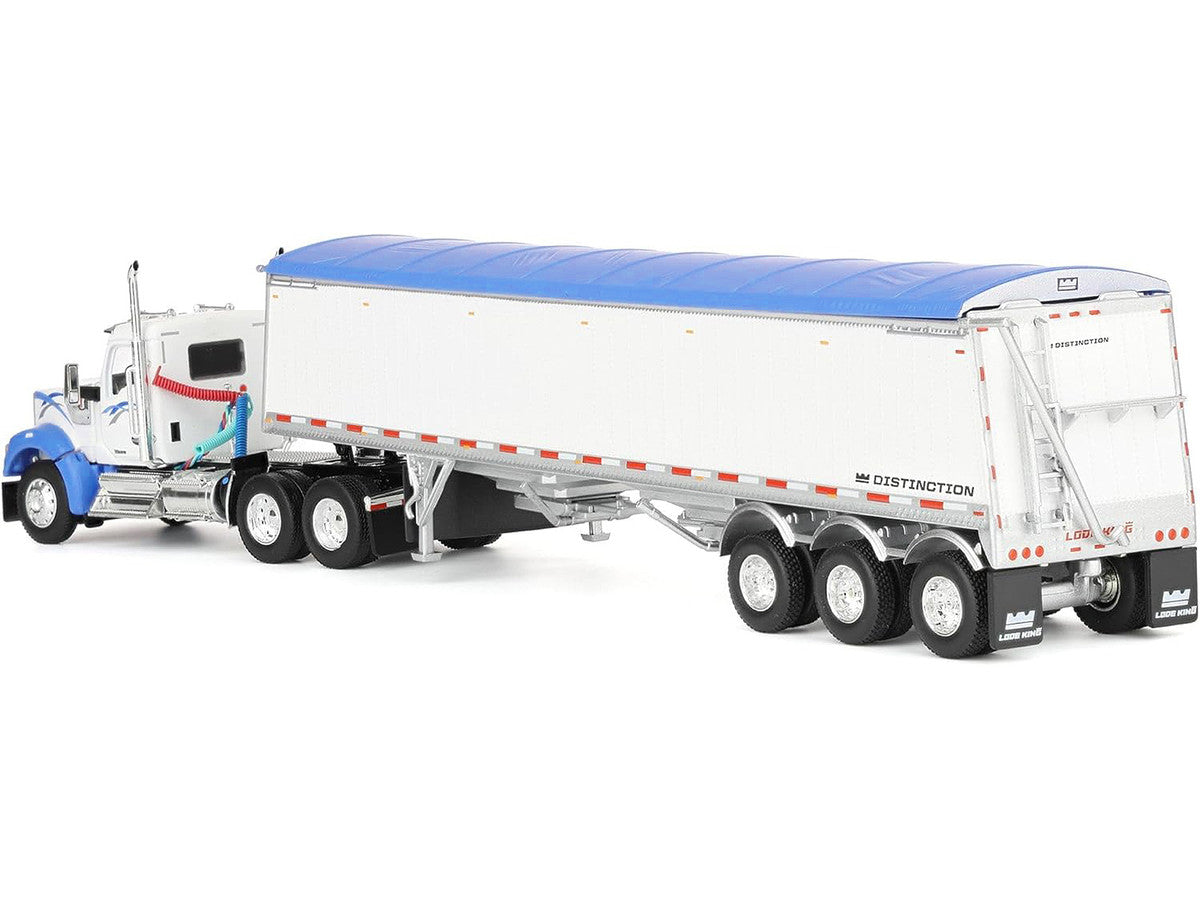 Kenworth W990 Day Cab and Lode King Distinction Hopper Trailer White and Blue 1/64 Diecast Model by DCP/First Gear First Gear