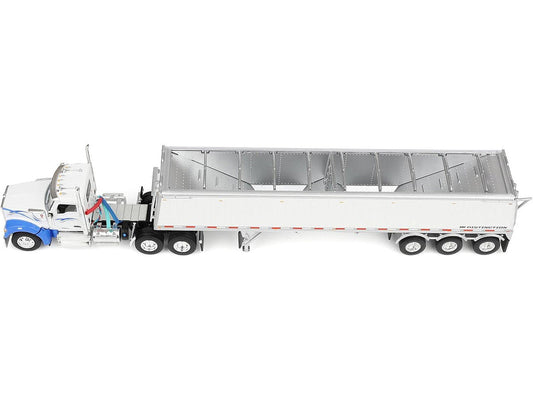 Kenworth W990 Day Cab and Lode King Distinction Hopper Trailer White and Blue 1/64 Diecast Model by DCP/First Gear First Gear
