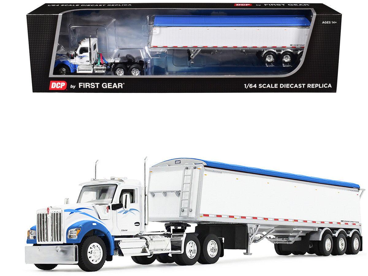 Kenworth W990 Day Cab and Lode King Distinction Hopper Trailer White and Blue 1/64 Diecast Model by DCP/First Gear First Gear