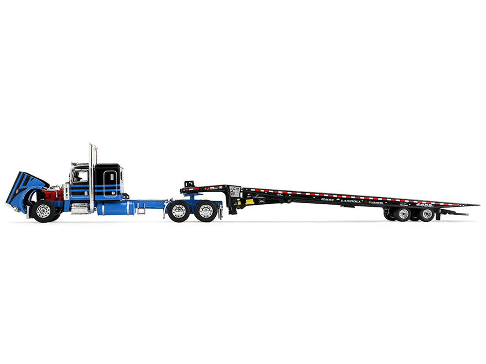 Peterbilt 389 with 48" Flat Top Sleeper and Landoll 440B-50CA Traveling Axle Trailer Black with Blue Stripes 1/64 Diecast Model by DCP/First Gear First Gear