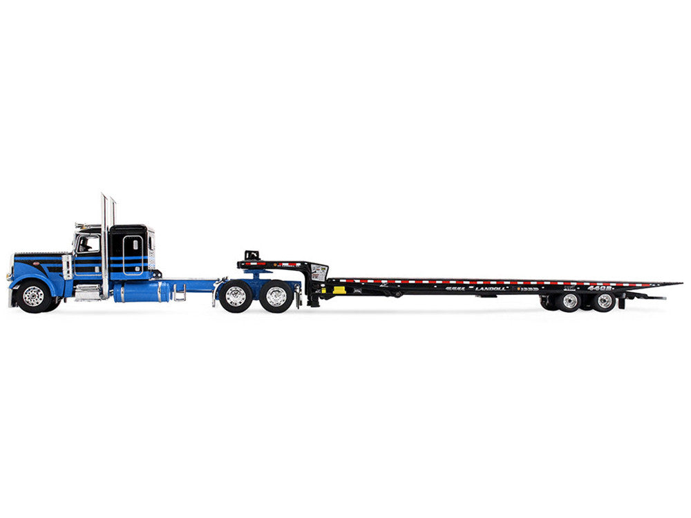 Peterbilt 389 with 48" Flat Top Sleeper and Landoll 440B-50CA Traveling Axle Trailer Black with Blue Stripes 1/64 Diecast Model by DCP/First Gear First Gear
