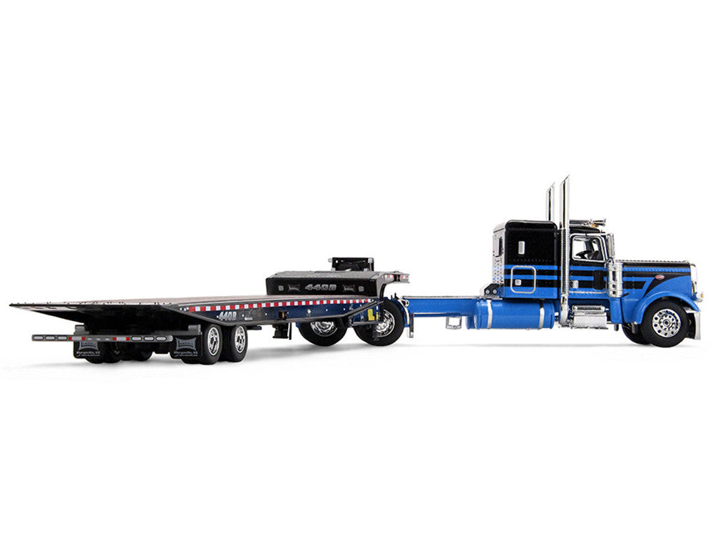 Peterbilt 389 with 48" Flat Top Sleeper and Landoll 440B-50CA Traveling Axle Trailer Black with Blue Stripes 1/64 Diecast Model by DCP/First Gear First Gear