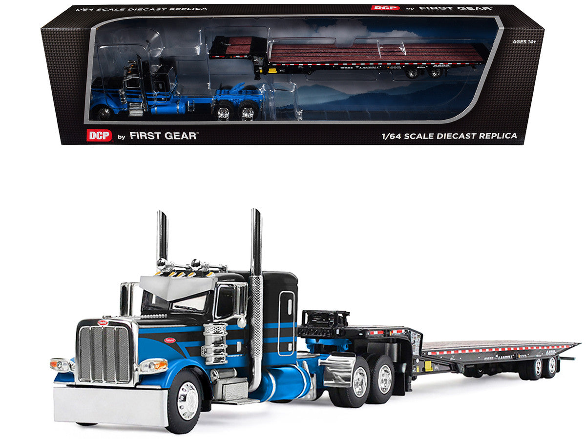 Peterbilt 389 with 48" Flat Top Sleeper and Landoll 440B-50CA Traveling Axle Trailer Black with Blue Stripes 1/64 Diecast Model by DCP/First Gear-0