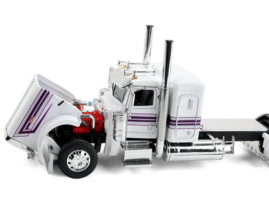 Peterbilt 389 with 36" Flat Top Sleeper and Fontaine Magnitude Lowboy Trailer White with Black Stripes 1/64 Diecast Model by DCP/First Gear First Gear