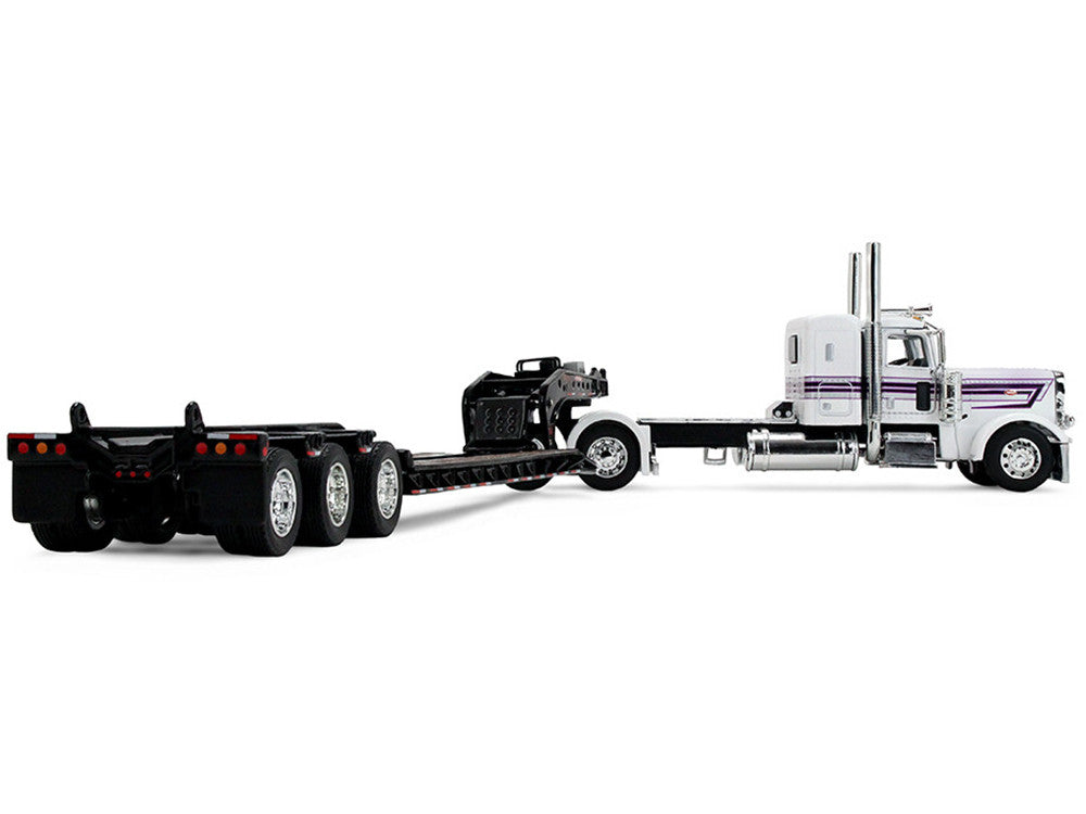 Peterbilt 389 with 36" Flat Top Sleeper and Fontaine Magnitude Lowboy Trailer White with Black Stripes 1/64 Diecast Model by DCP/First Gear First Gear