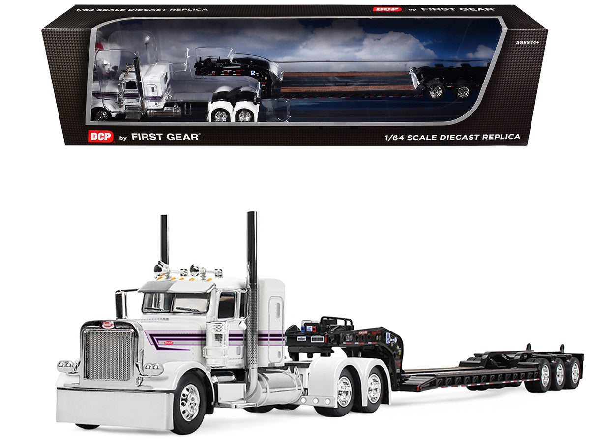 Peterbilt 389 with 36" Flat Top Sleeper and Fontaine Magnitude Lowboy Trailer White with Black Stripes 1/64 Diecast Model by DCP/First Gear First Gear