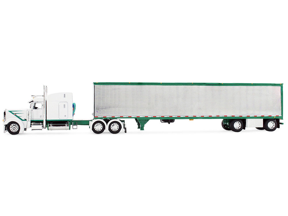 Peterbilt 389 with 63" Mid-Roof Sleeper and 53' Utility Trailer White with Green Stripes 1/64 Diecast Model by DCP/First Gear First Gear