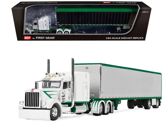 Peterbilt 389 with 63" Mid-Roof Sleeper and 53' Utility Trailer White with Green Stripes 1/64 Diecast Model by DCP/First Gear First Gear