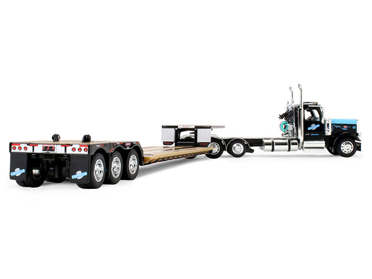 Peterbilt 589 Day Cab and Fontaine Renegade LXT40 Lowboy Trailer with Fliptail "Cappello Heavy Transport" Black with Light Blue Hood 1/64 Diecast Model by DCP/First Gear First Gear