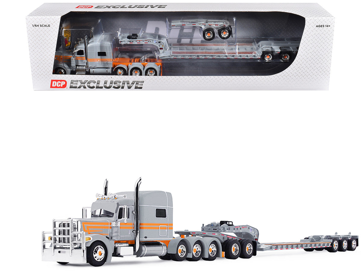 Peterbilt 389 with 70" Mid-Roof Sleeper and Fontaine Magnitude Tri-Axle Lowboy Trailer with Jeep "Capitola Trucking" Gray with Orange Stripes 1/64 Diecast Model by DCP/First Gear First Gear