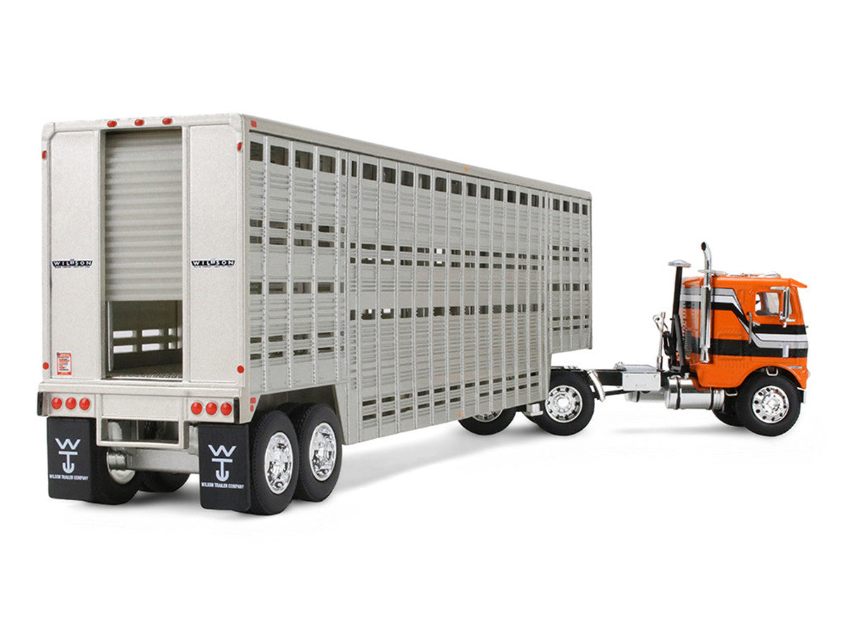 Freightliner COE and 45' Wilson Vintage Livestock Trailer Orange with Stripes 1/64 Diecast Model by DCP/First Gear-2