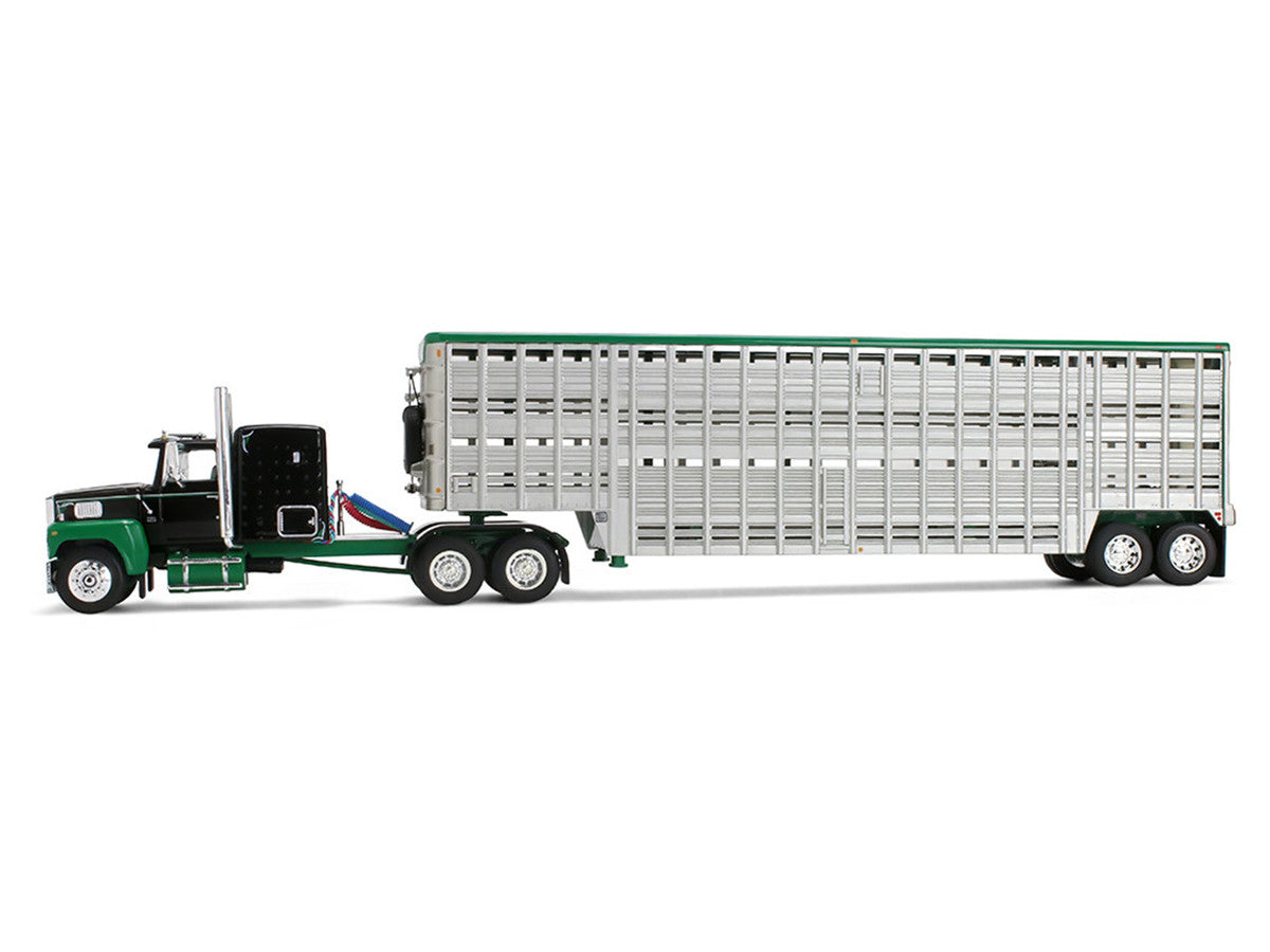 Ford LTL 9000 with 60" Flat Top Sleeper and 45' Wilson Vintage Livestock Trailer Black and Green 1/64 Diecast Model by DCP/First Gear-2