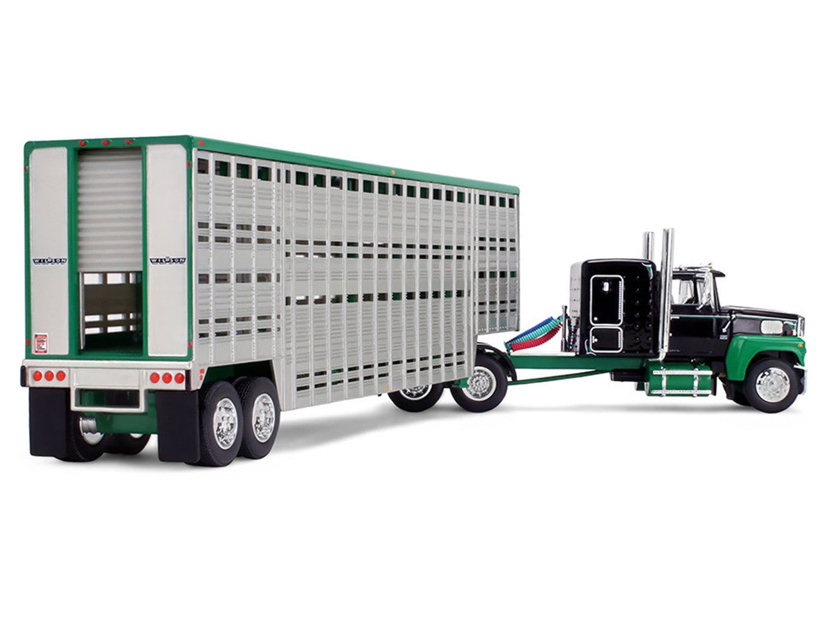 Ford LTL 9000 with 60" Flat Top Sleeper and 45' Wilson Vintage Livestock Trailer Black and Green 1/64 Diecast Model by DCP/First Gear-3