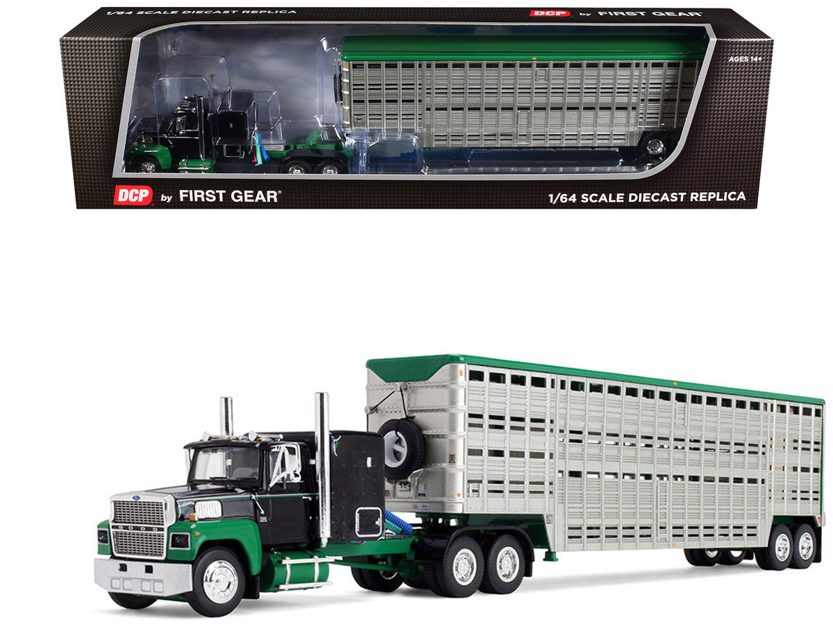 Ford LTL 9000 with 60" Flat Top Sleeper and 45' Wilson Vintage Livestock Trailer Black and Green 1/64 Diecast Model by DCP/First Gear-0