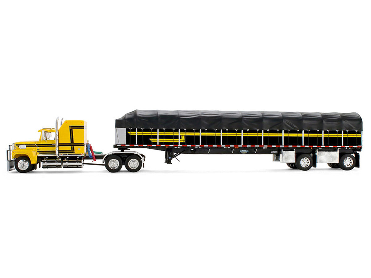 Ford LTL 9000 with 60" Aerodyne Sleeper and 53' Wilson Roadbrute Flatbed Trailer with Covered Wagon Yellow with Black Stripes 1/64 Diecast Model by DCP/First Gear-0