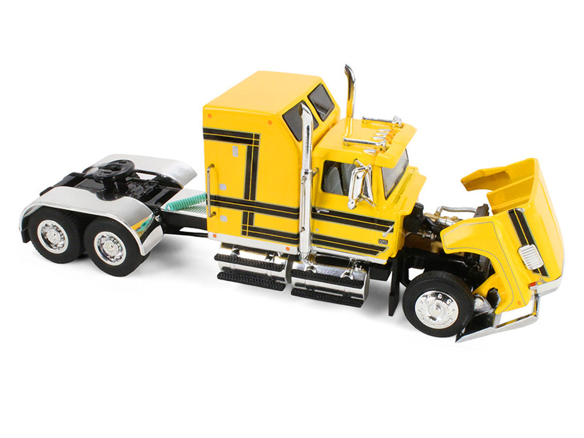 Ford LTL 9000 with 60" Aerodyne Sleeper and 53' Wilson Roadbrute Flatbed Trailer with Covered Wagon Yellow with Black Stripes 1/64 Diecast Model by DCP/First Gear-2