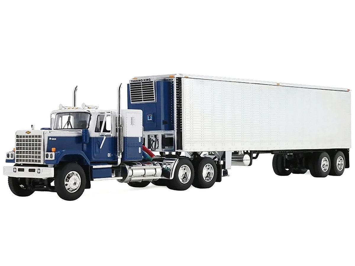 Chevrolet Bison with 34" Flat Top Sleeper & 40' Vintage Trailer with Reefer Blue and White 1/64 Diecast Model by DCP/First Gear First Gear