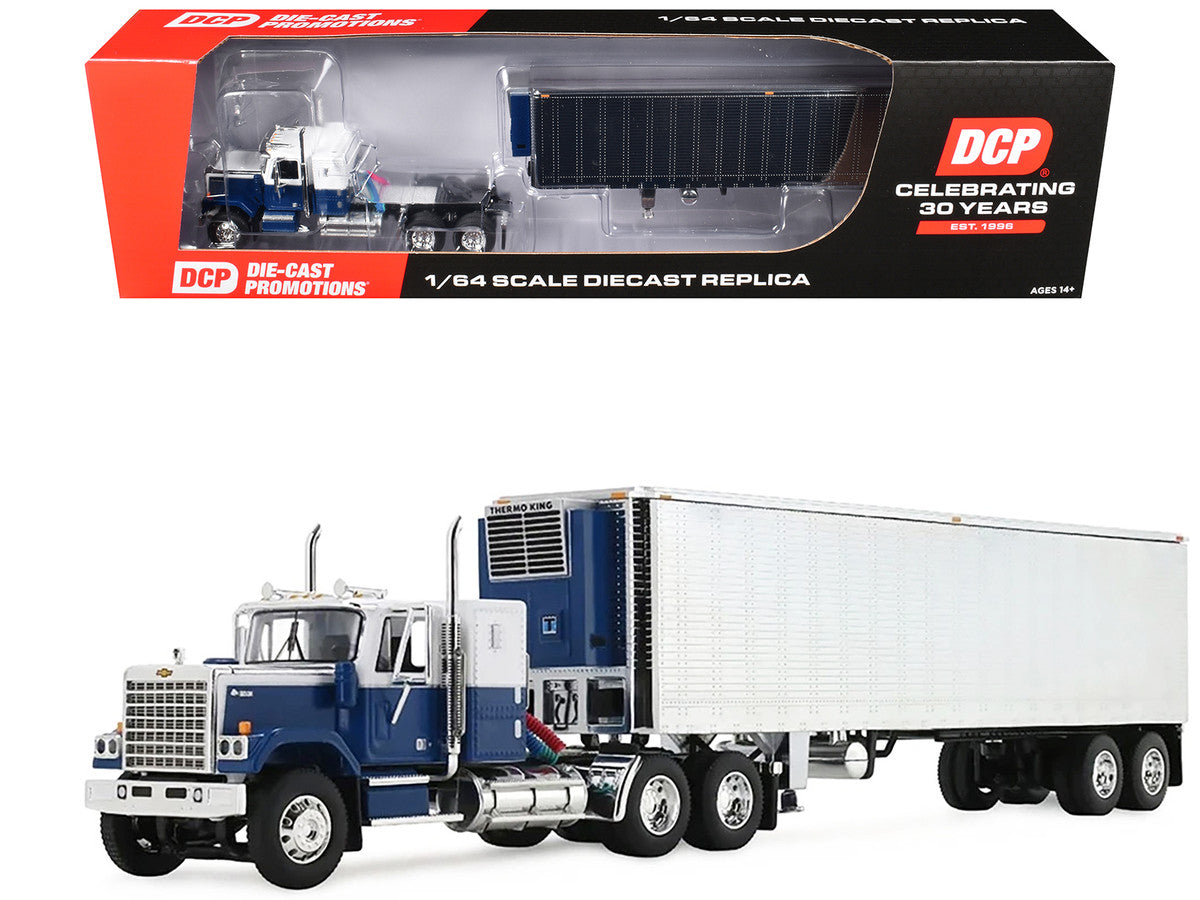 Chevrolet Bison with 34" Flat Top Sleeper & 40' Vintage Trailer with Reefer Blue and White 1/64 Diecast Model by DCP/First Gear First Gear