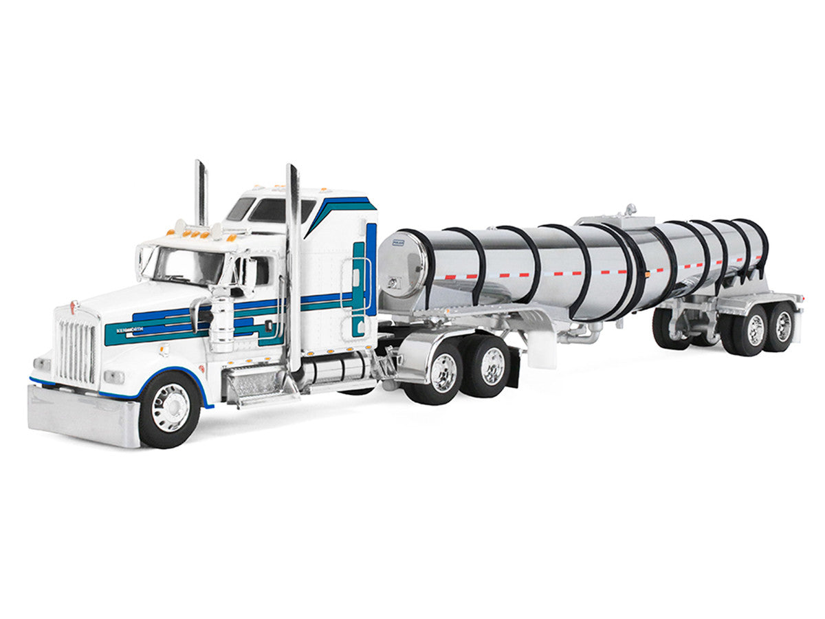 Kenworth W900L with 60" Aerodyne Sleeper and Polar Deep Drop Trailer White with Blue and Green Stripes 1/64 Diecast Model by DCP/First Gear First Gear