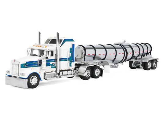 Kenworth W900L with 60" Aerodyne Sleeper and Polar Deep Drop Trailer White with Blue and Green Stripes 1/64 Diecast Model by DCP/First Gear First Gear