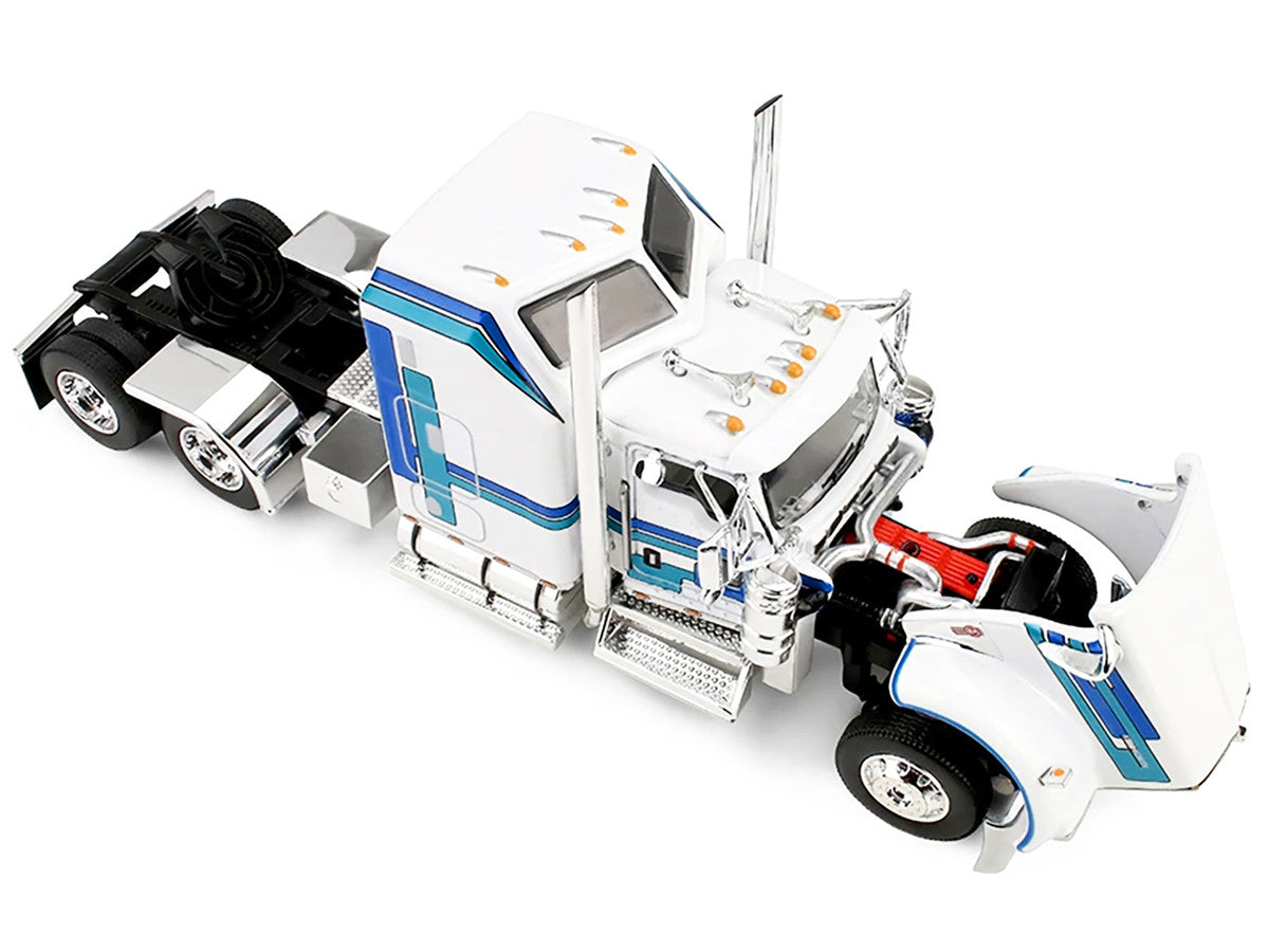 Kenworth W900L with 60" Aerodyne Sleeper and Polar Deep Drop Trailer White with Blue and Green Stripes 1/64 Diecast Model by DCP/First Gear First Gear