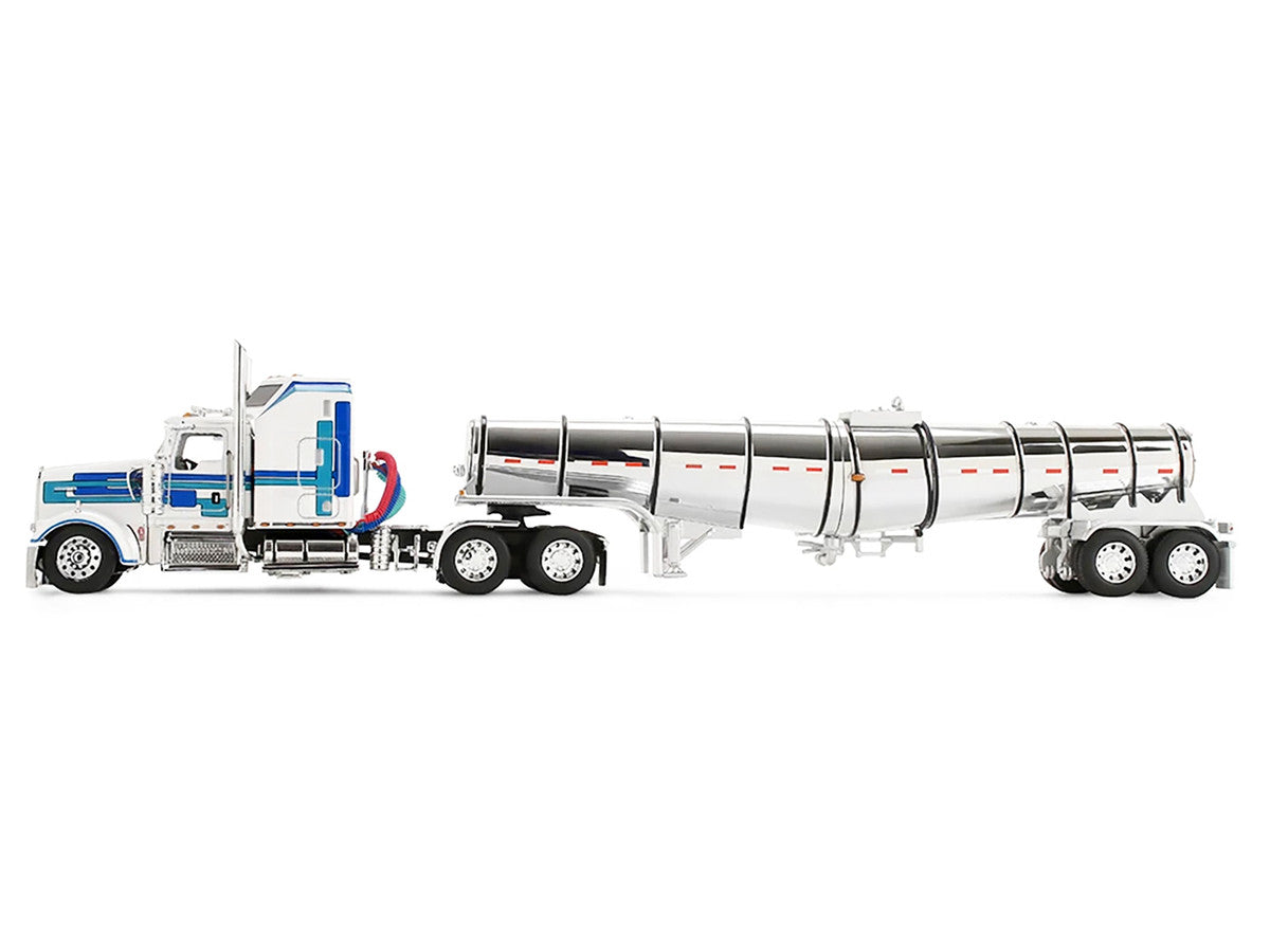 Kenworth W900L with 60" Aerodyne Sleeper and Polar Deep Drop Trailer White with Blue and Green Stripes 1/64 Diecast Model by DCP/First Gear First Gear