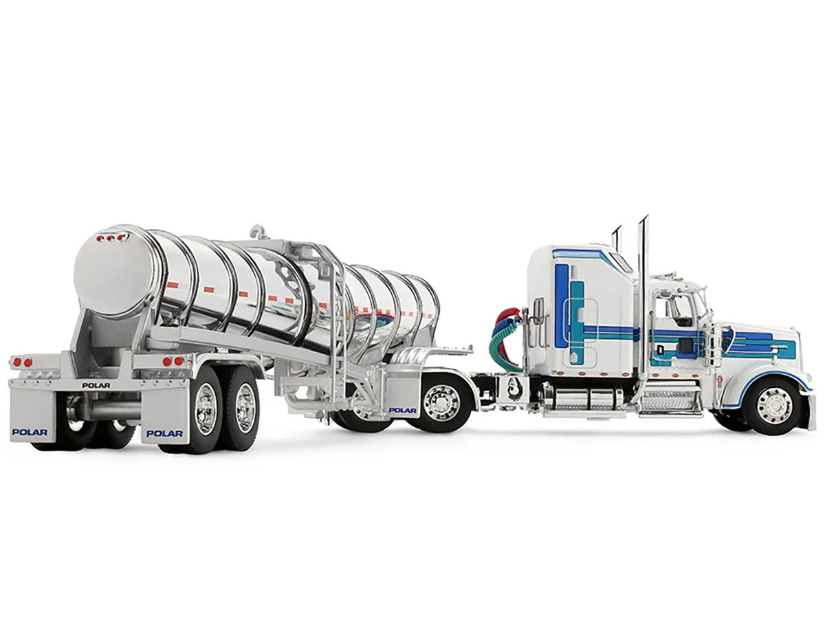 Kenworth W900L with 60" Aerodyne Sleeper and Polar Deep Drop Trailer White with Blue and Green Stripes 1/64 Diecast Model by DCP/First Gear First Gear