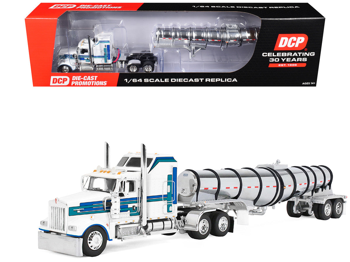 Kenworth W900L with 60" Aerodyne Sleeper and Polar Deep Drop Trailer White with Blue and Green Stripes 1/64 Diecast Model by DCP/First Gear First Gear