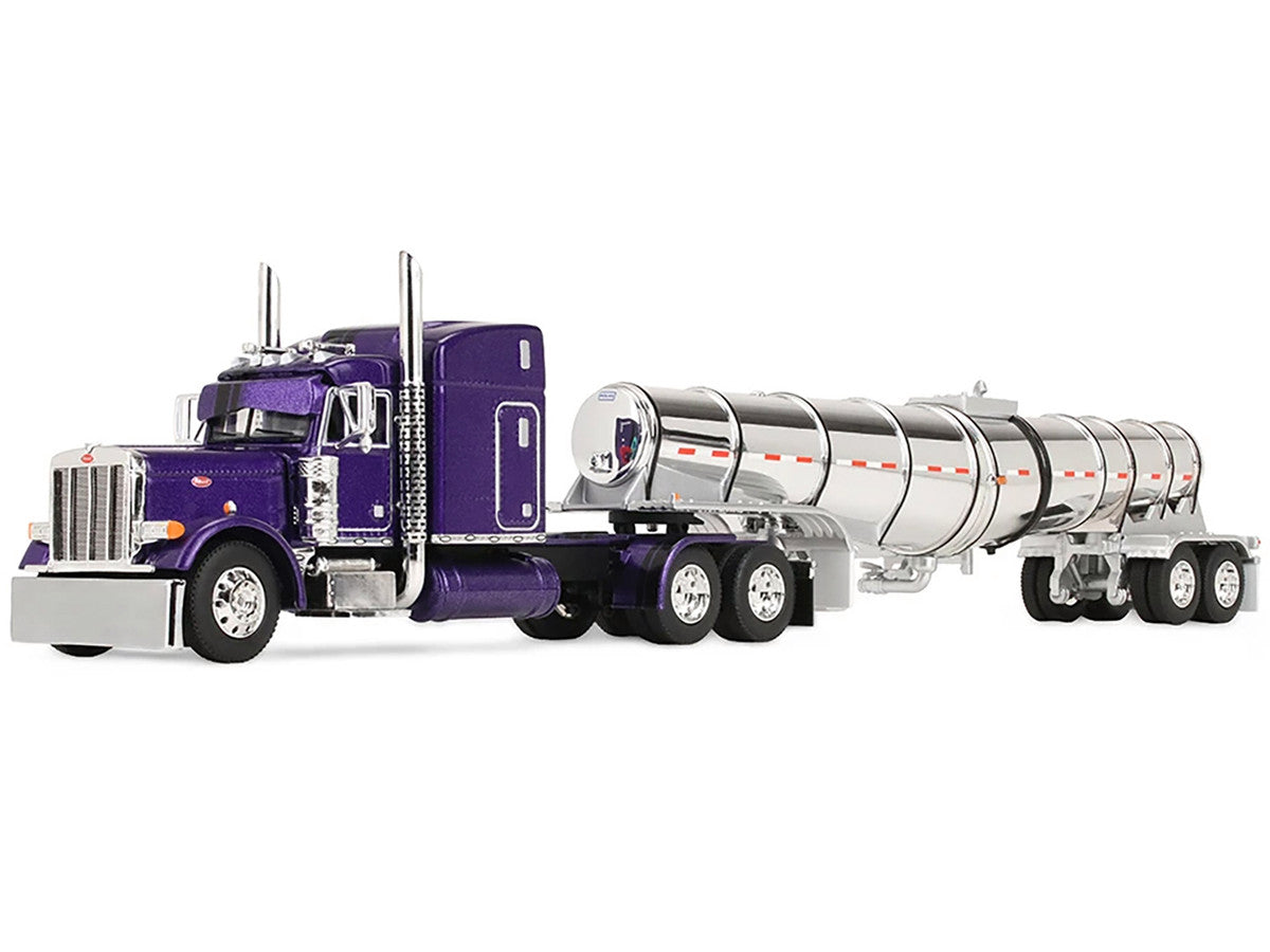 Peterbilt 379 with 63" Mid-Roof Sleeper and Polar Deep Drop Trailer Wild Orchid Purple with Black Stripes 1/64 Diecast Model by DCP/First Gear First Gear