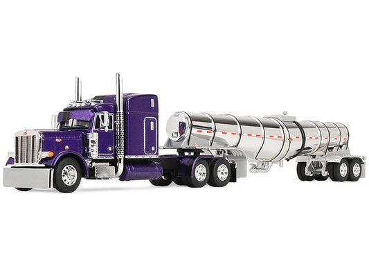 Peterbilt 379 with 63" Mid-Roof Sleeper and Polar Deep Drop Trailer Wild Orchid Purple with Black Stripes 1/64 Diecast Model by DCP/First Gear First Gear