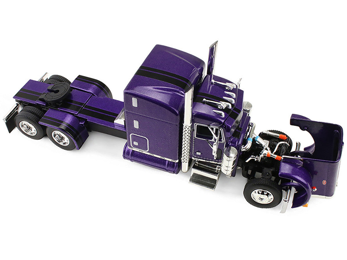Peterbilt 379 with 63" Mid-Roof Sleeper and Polar Deep Drop Trailer Wild Orchid Purple with Black Stripes 1/64 Diecast Model by DCP/First Gear First Gear